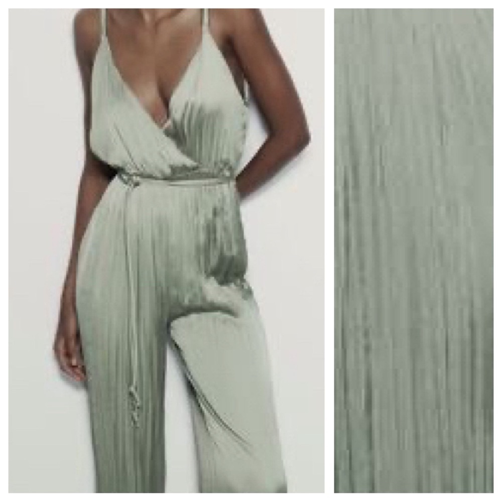 NWT. Zara Green Satin Effect Wrinkled Effect/Pleaded Jumpsuit. Size L. - Picture 4 of 9